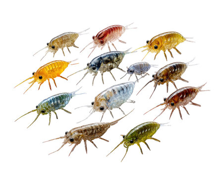 A Swarm of Amphipods: A colorful collection of amphipods, each with its unique coloration and delicate antennae, are gathered together in a striking display of aquatic life.