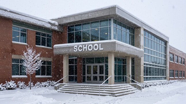 Modern red brick school building exterior with large glass windows and entrance stairs covered in thick white snow during winter