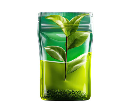 Growth Potion in Packaging: A vibrant green liquid fills a clear package, cradling a flourishing green plant, symbolizing growth, health, and natural refreshment, perhaps a new beverage or supplement.
