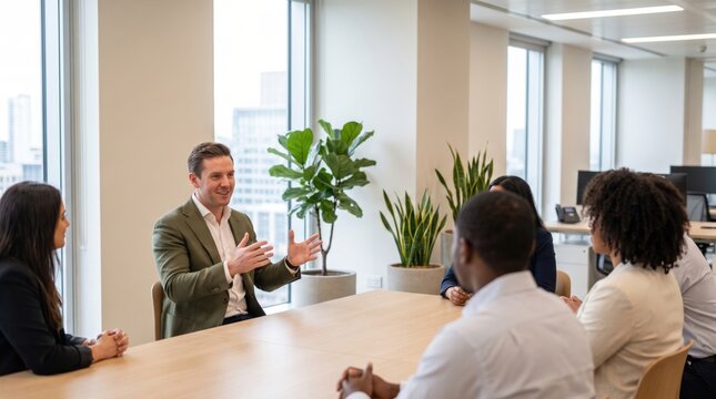business people having a meeting in a modern office with a group discussion, featuring a confident leader and attentive partners surrounded by plants and city views