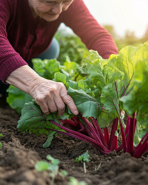 Elderly woman harvesting vegetables in garden during sunny day  