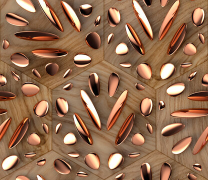 Rose gold pebble on seamless oak wood hexagon texture
