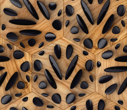 Black stone on oak wood hexagon seamless texture