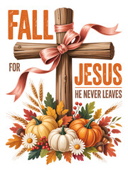 Obraz premium A decorative wooden cross adorned with a pink ribbon. The phrase 'Fall for Jesus, He Never Leaves' is prominently displayed in bold letters.