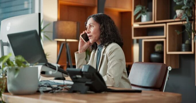 Phone call, discussion and woman with computer in office, online or financial planner with research. Corporate, wealth management and mature person with technology, info and communication with mobile