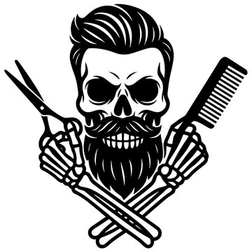 Bearded Barber Skull Holding Scissors and Comb Black and White Vector Illustration, Vintage Barbershop Graphic for T Shirt, Sticker, SVG, Cricut and Printable Design
