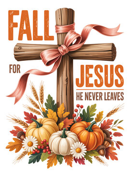 A decorative wooden cross adorned with a pink ribbon. The phrase 'Fall for Jesus, He Never Leaves' is prominently displayed in bold letters.