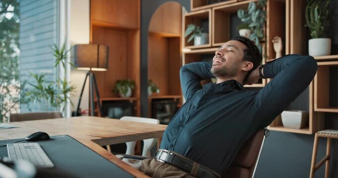 Relax, smile and businessman in office with finished finance report, project or investment growth. Happy, professional and financial manager with completed feedback on stock market revenue at agency.