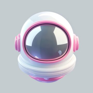 3D rendering of a glossy white and pink astronaut helmet on a gray background.