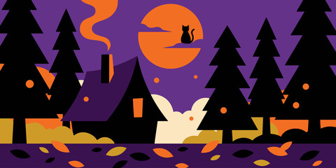 Halloween Cabin with Black Cat and Pine Forest Landscape—Ideal for Autumn Seasonal Design