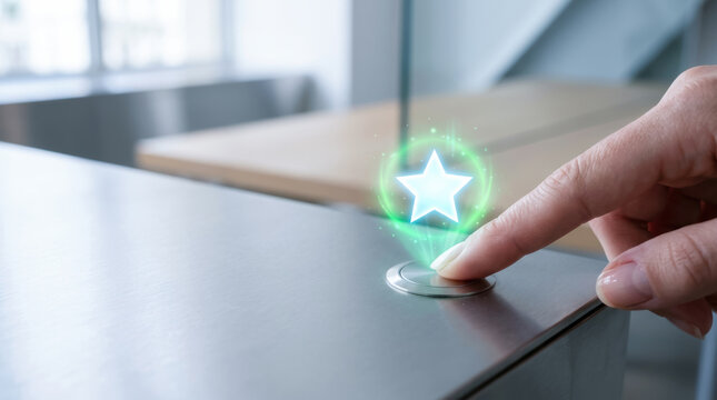 Finger pressing button with glowing star symbol representing quality audit process in modern office environment