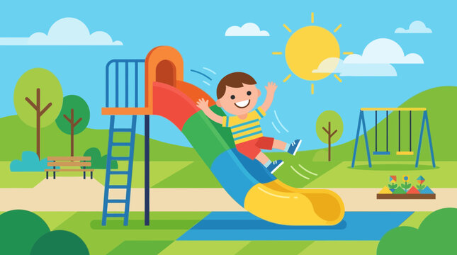 A vibrant flat design illustration capturing the excitement of a child gracefully sliding down a colorful playground slide. 