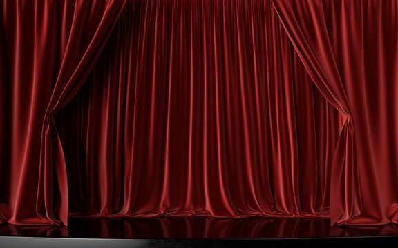 Red velvet theater curtains closed across empty stage