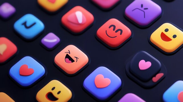 Colorful keyboard shortcut icons featuring heart, thumbs-up, and social media emojis on a sleek black surface.