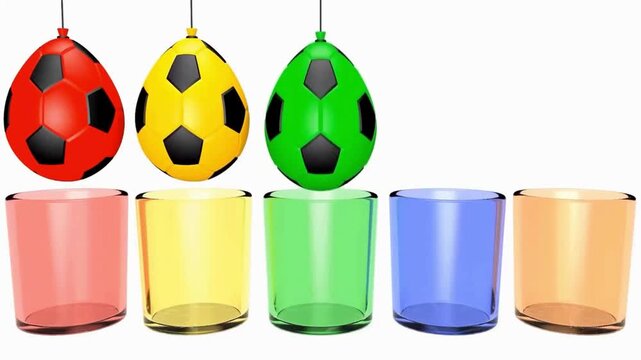 3D animation of colorful soccer pattern balloons hanging over matching glass cups in 4k