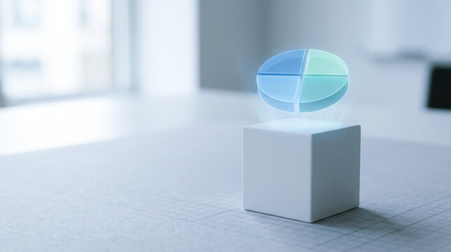 Holographic pie chart floating above white cube represents quality audit data analysis in modern office environment