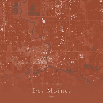 Terracotta Map of Des Moines, United States | Warm Earth Tone Wall Art