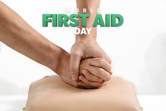 World first aid day concept featuring hands performing cpr on a training manikin