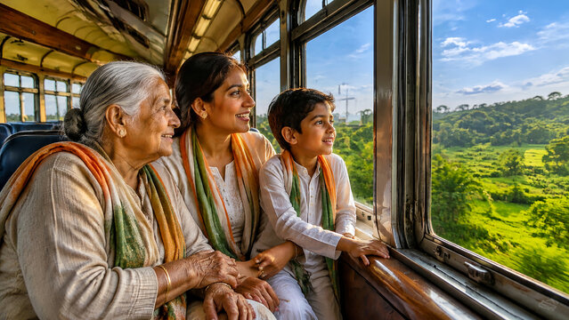 Indian family enjoying the scenic view from a luxury vintage train
