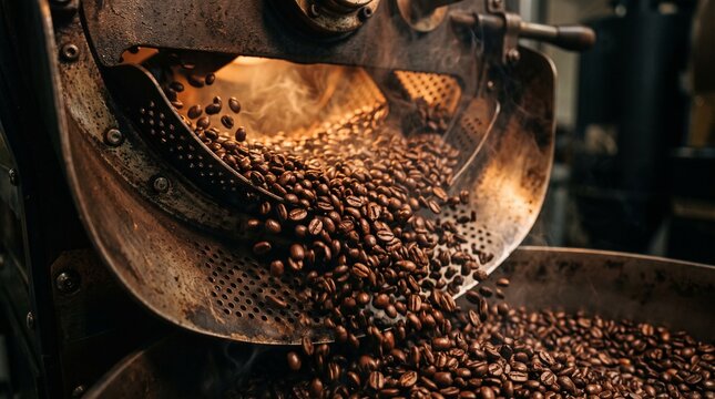 Dark roasted coffee beans pouring from a vintage industrial roasting machine with steam