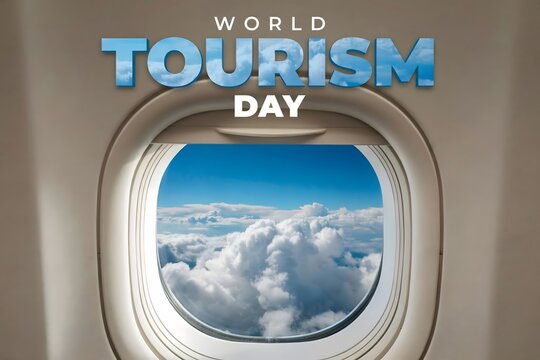 World tourism day concept featuring view through an airplane window at clouds