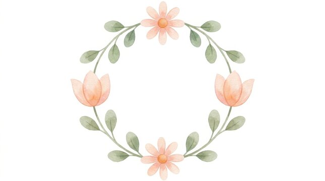 Watercolor floral wreath with peach flowers and green leaves isolated on white background