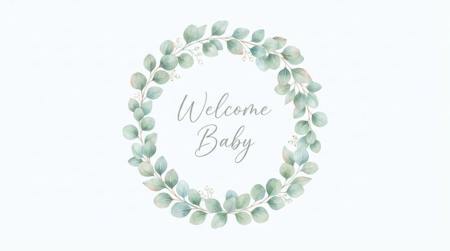 Watercolor eucalyptus wreath with welcome baby text isolated on white background