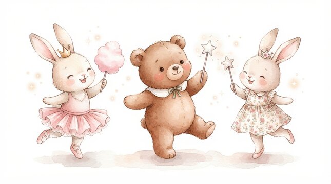 Cute watercolor illustration of a teddy bear and two bunnies dancing