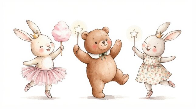 Cute cartoon animals with magic wands and cotton candy isolated on white