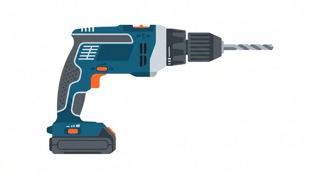 Flat vector icon of a blue and gray cordless drill with orange trigger and battery. Drill bit attached. Clean design on white. Symbol for DIY, drilling and construction.