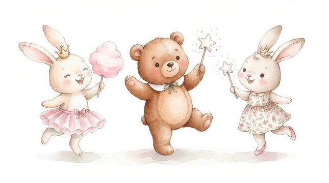 Cute watercolor illustration of a teddy bear and two bunnies with wands