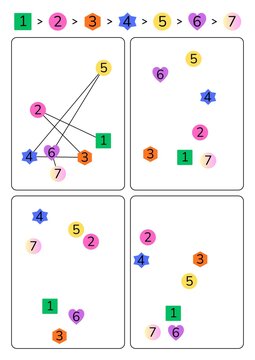 Preschool math sequence worksheet with colorful geometry shapes 1-7