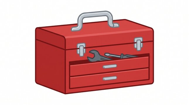 Flat vector icon of a red metal toolbox with gray handle, latches, and drawers. Wrench and screwdriver visible. Clean design on white. Symbol for repair and tools.