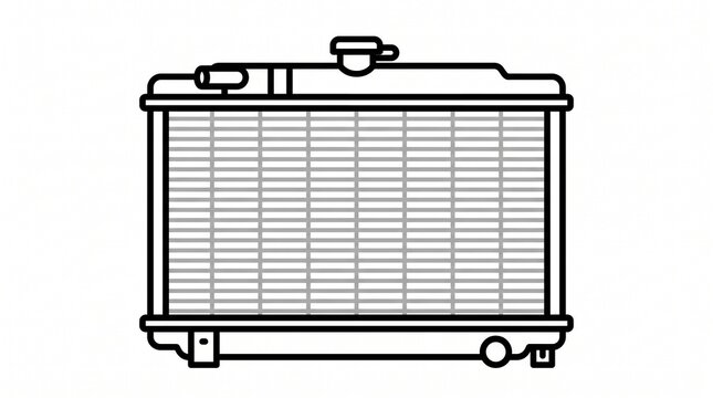 Clean line art illustration of a car radiator on white background. Black outline with gray grid fins, radiator cap and inlet/outlet pipes on top. Minimalist icon style for auto parts and cooling syste