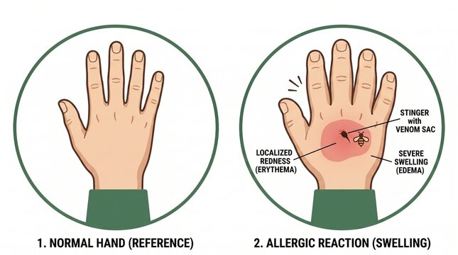 Medical illustration of allergic reaction to bee sting, localized redness and swelling on hand, erythema and edema diagram