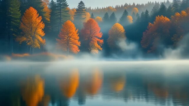 Serene Autumn Lake with Misty Morning Reflection