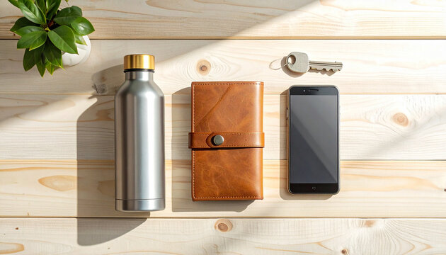 Reusable Everyday Items on Wooden Table Representing Sustainable and Eco Friendly Living
繰り返し使える日用品と木のテーブル 自然に寄り添う暮らしのイメージ