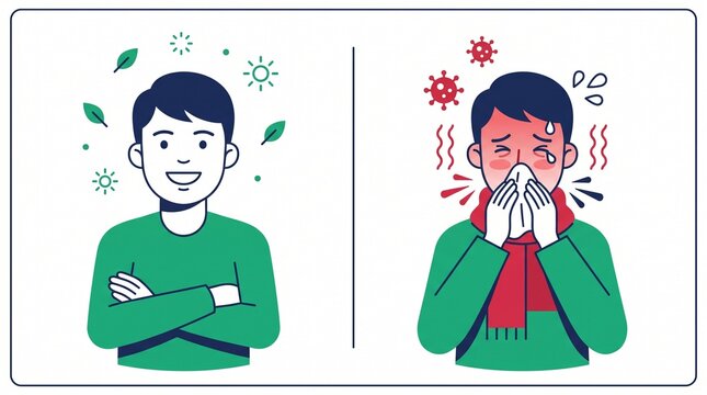 Healthy man vs sick man comparison, male character with flu symptoms and fever, seasonal allergy and immune system concept illustration