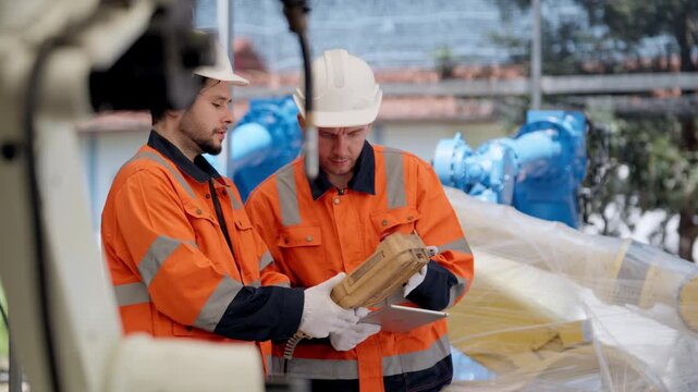 Two robotic technician discussing review welding robot testing welding before delivery, supporting inspection, programming, calibration, safety, quality assurance, commissioning.