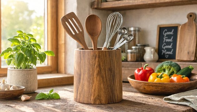 Rustic kitchen counter arrangement with wooden utensil holder and fresh vegetables