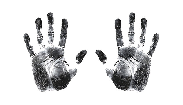 This is a black and white image featuring two symmetrical handprints, often used for aesthetic or forensic purposes
