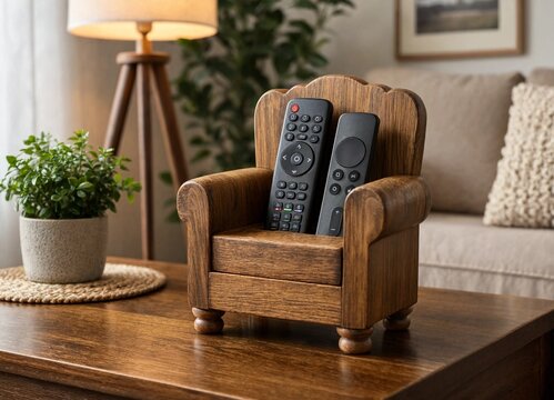 Rustic wooden chair organizer holding two television remote controls on a table