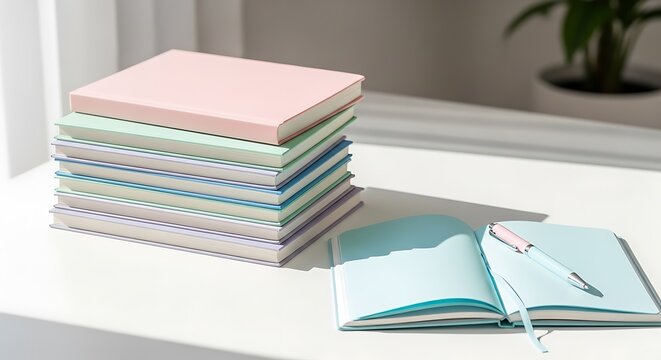 A neat stack of colorful pastel notebooks resting on a white desk alongside an open journal with a matching pen in a bright workspace