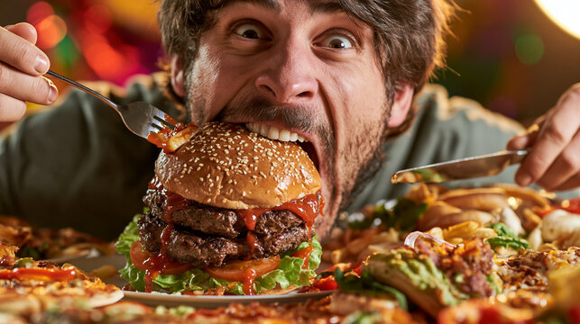 Man with oversized burger and fast food spread, gluttony and excess concept.