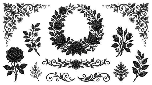 Vintage black rose floral ornaments, elegant gothic flower wreath and borders, decorative botanical scroll elements for wedding invitations isolated PNG with Transparent Background