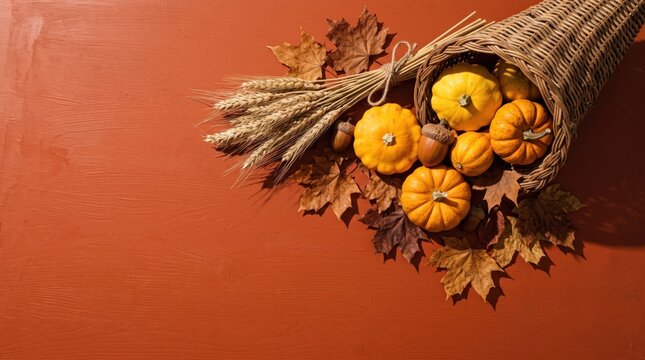 Traditional cornucopia horn of plenty filled with pumpkins and autumn leaves for a festive thanksgiving day celebration background