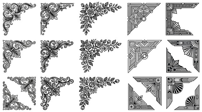 Vintage ornamental corner borders set, 15 decorative floral and art deco frame elements, black filigree scrollwork and geometric corner accents isolated PNG with Transparent Background
