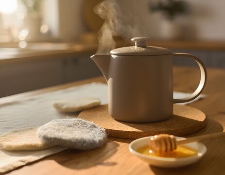 Modern Ceramic Teapot Trivet Soft Wool Coasters Vector Illustration