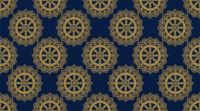 Golden dharmachakra wheel seamless pattern on dark blue background