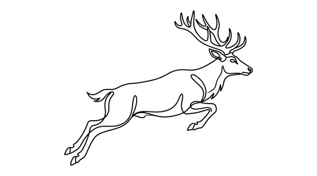 Continuous line drawing of a jumping deer with large antlers minimalist wildlife graphic